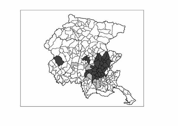 Comuni di insediamento in Friuli Venezia Giulia (in grigio l'espansione 2007).