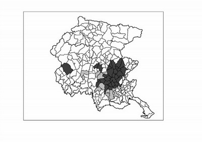 Comuni di insediamento in Friuli Venezia Giulia (in grigio l'espansione 2007).